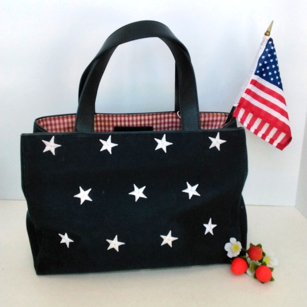 Navy Canvas Tote with Red check lining & embriodered White Stars